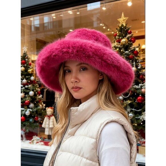 Women\'s Dark Pink Oversized Winter Long Pile Fur Wide Moldable Brim Warmer Cap main image 8